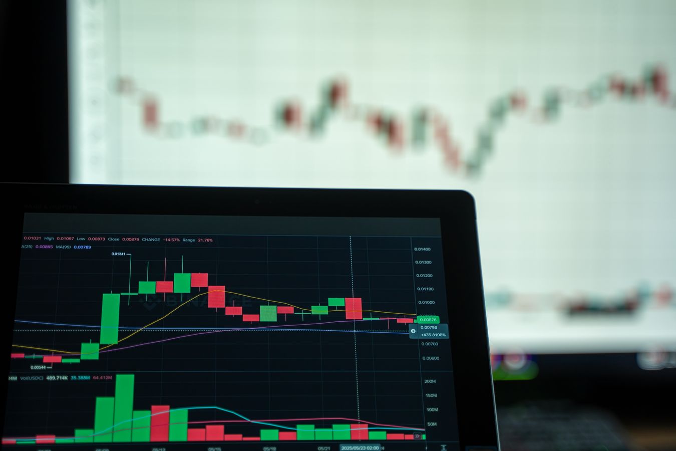 A laptop showing live crypto trading charts late at night — the machine working while you rest
